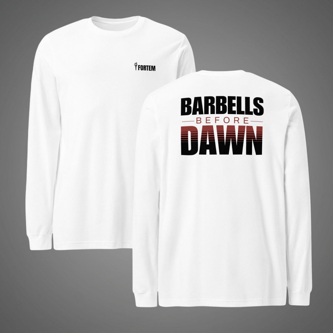 White long-sleeve cotton crew neck tee with front logo and Barbells Before Dawn graphic on back.