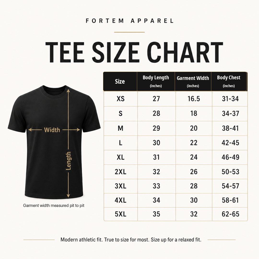 Fortem Apparel tee size chart showing body length, garment width, and chest measurements from XS to 5XL.